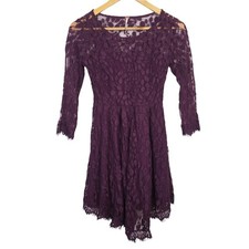 Free People Purple Lace Fit Flare Mini Dress 3/4 Sleeve Scalloped Trim Size 0