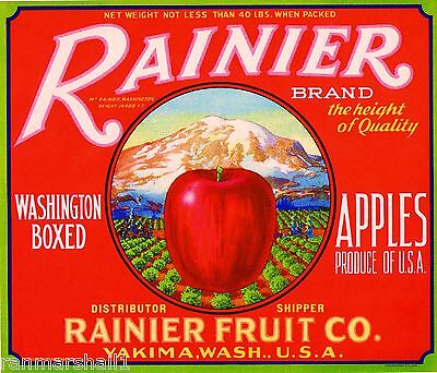 Mount Rainier Apple Apples Fruit Crate Label Print Blue Yakima Washington Mt