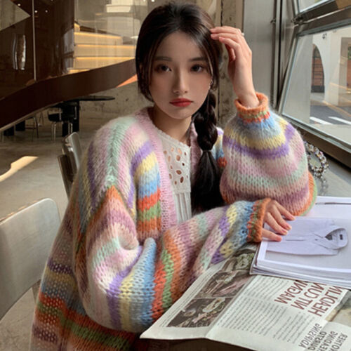 Women Rainbow Striped Cardigan Sweater Jumper Knitwear Multicolor Loose Soft - Picture 7 of 8