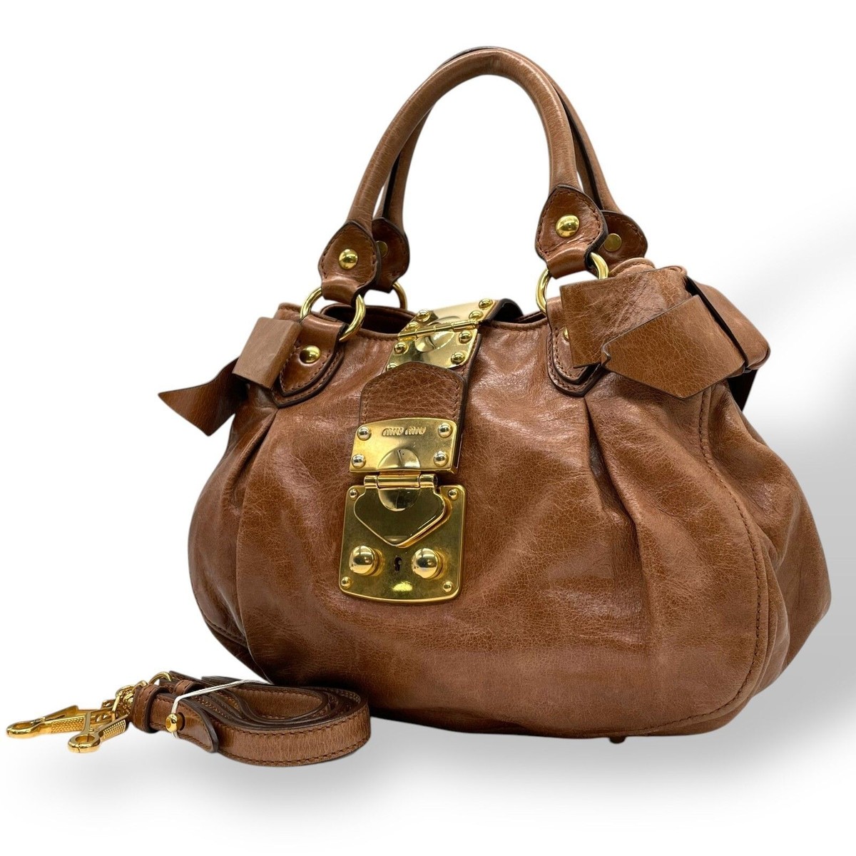 MIU MIU Matelasse 2-way Hand Bag Shoulder Bag Leather Brown x Gold  