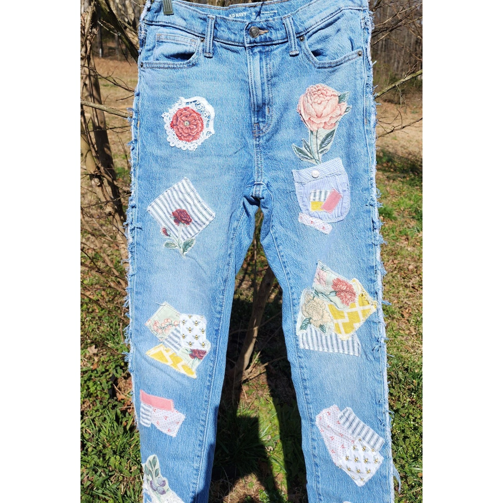 Denim jeans Upcycled distressed Patchwork appliqu… - image 1