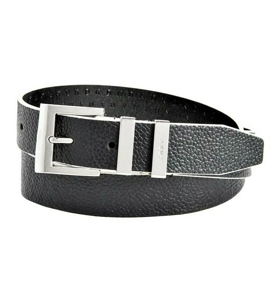 DKNY DONNA KARAN Caviar CINTURÓN NEGRO Borde Blanco Metal Plateado 100% Cuero TALLA L NUEVO CON ETIQUETAS Foto 2 de 2