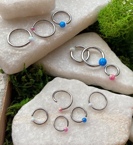 1pc Fixed Synthetic Opal Ball Annealed Steel Captive Bead Ring Body Jewelry - Picture 6 of 9