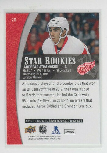 15/16 UD NHL Star Rookies Detroit Red Wings Andreas Athanasiou Rookie RC #20 - Picture 2 of 2