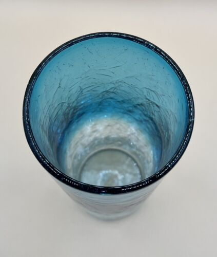 Blenko Art Glass Hand Blown Turquoise Ombre Crackle Cylinder Vase 11” X 4” - Picture 2 of 5