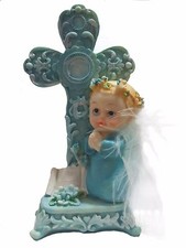 Baptism Christening First Communion Praying Angel Boy Next to a Cross with a scr
