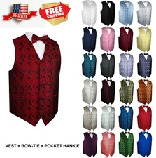 Men's Paisley Formal Tuxedo Vest, Bow-Tie, Hankie Wedding Prom Cruise Homecoming
