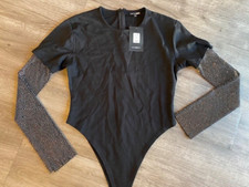 Fashion Nova Black Walk of Riches Rhinestone Bodysuit Size Large New Back Zipper