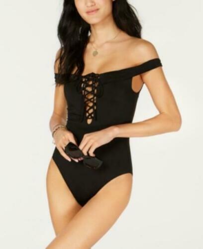 Bar III Small Solid Black Off Shoulder Lace Tie 1-Piece Swimsuit NWT S