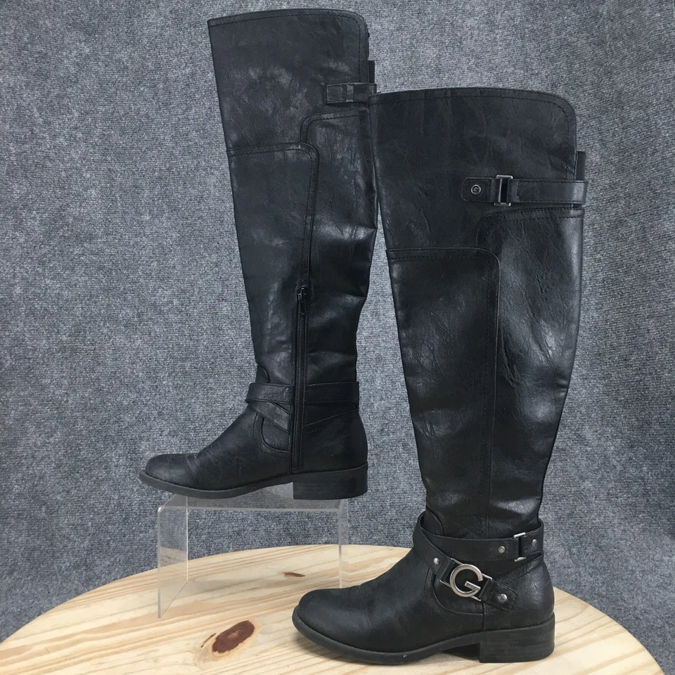 Guess Boots Womens 5.5 M Tall Riding Black Leather Knee-Hi Round Toe Block Heels - Image 2 of 4