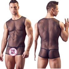Mens See-Through Mesh Sheer Bodysuit Sleeveless Shorts Jumpsuit Lingerie Singlet