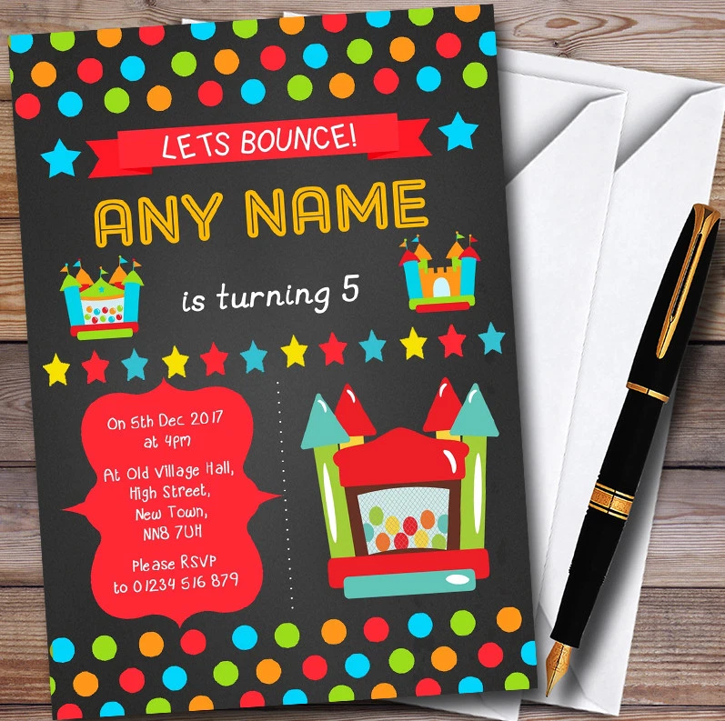 THECARDZOO Spotty Chalk Bouncy Castle Personalised Childrens Birthday Party Invitations