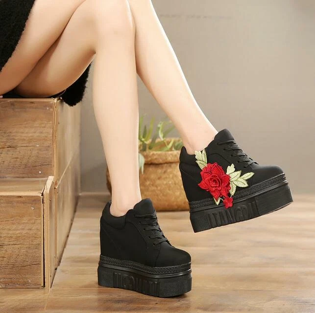  Женские горячие продажи платформе цветочный высоких каблуках на танкетке спортивные туфли на шнуровке - Изображение 3 из 4