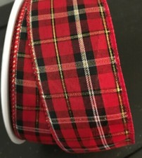 3 Yds. RED  BLACK PLAID WIRE EDGE RIBBON 2 1/2" W.