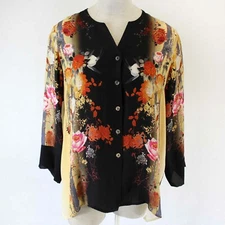 Citron Plus Clothing Art To Wear Button Down Flowers & Birds Print Blouse 1X