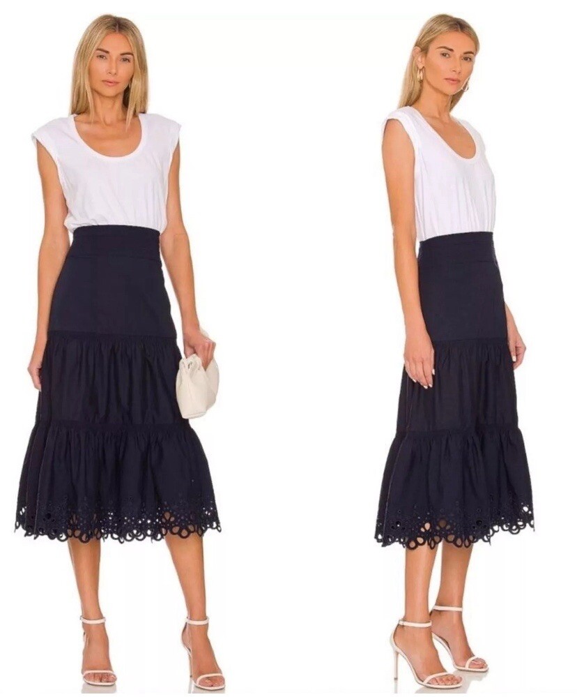 Veronica Beard Amaia Navy White Midi Dress Smocked Crochet XS Zip Vacay Nwts