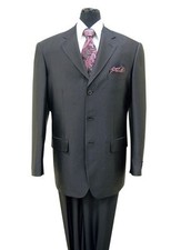 Men's Three Button Solid Black Wool Feel Sharkskin Look Suit 58025