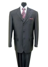 Men's Three Button Solid Black Wool Feel Sharkskin Look Suit 58025