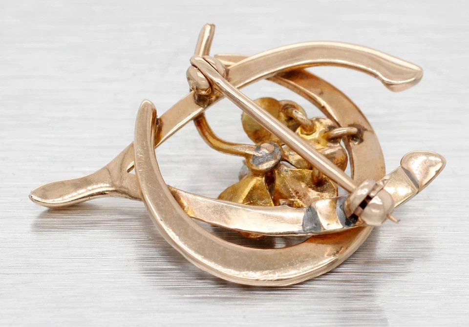 Антикварная брошь на булавке в стиле модерн Lucky из розового золота 10 карат с подковой и поперечным рычагом - Изображение 3 из 4
