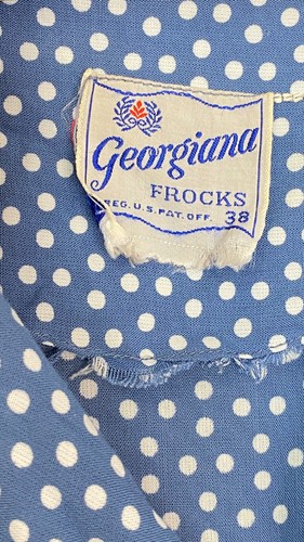 Vintage 1940s blue polka dot dress, white short sleeve peplum rayon midi 38 M L - Picture 2 of 15