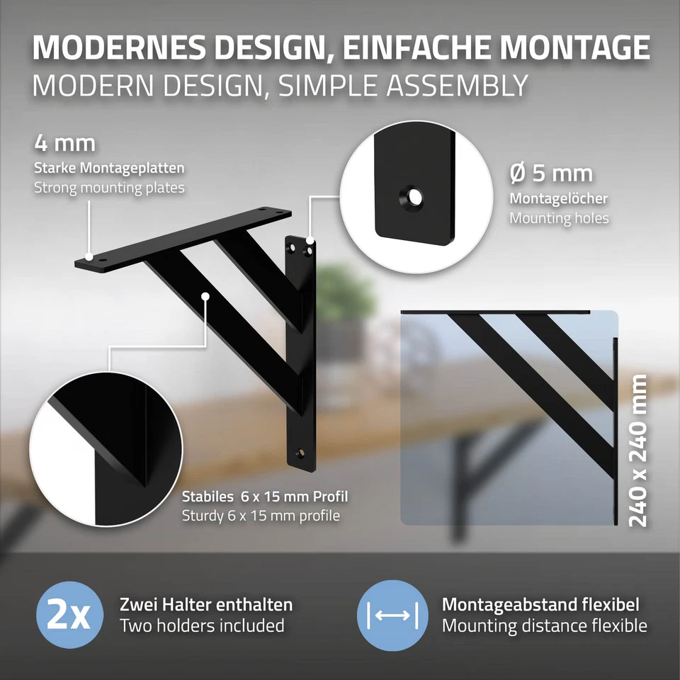 4x Soportes de estante de aluminio doble negro 240x240 mm para repisa de pared - Imagen 3 de 4