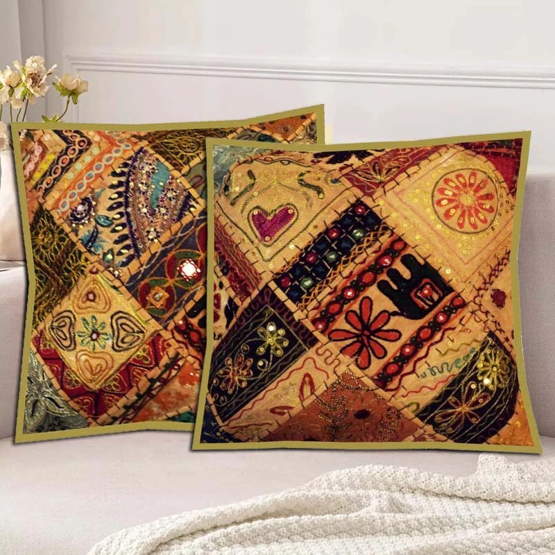 Funda Cojín Sofá Étnico 16"-2 Hecho a Mano Retazos Sala/Dormitorio Foto 2 de 4