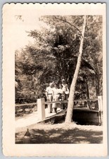 Vtg B&W Snapshot Family Group Posing Footbridge Tropical Garden Deckle Edge