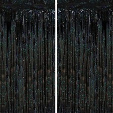 2 Pack Laser Black Tinsel Foil Fringe Curtains, Party
