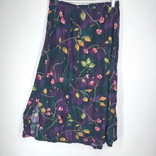 Vintage Dark Floral Rayon Midi Skirt Purple Teal Boho Medium Ethereal Fairy Y2K