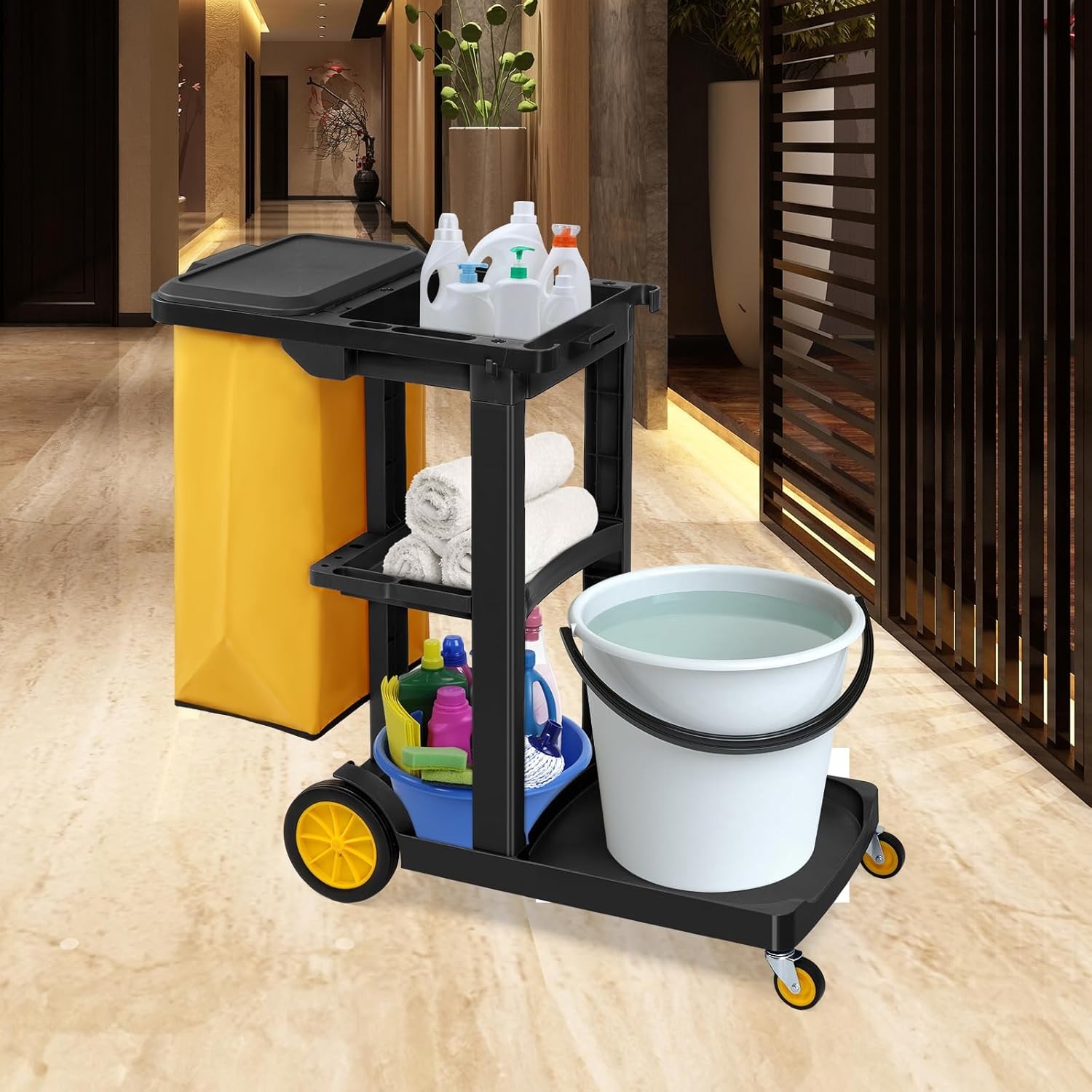 500 Lbs Capacity Janitorial Cart 3-Tier Rolling Cart w/ 15-Gallon Collection Bag