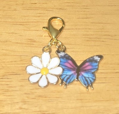 Blue Butterfly And Daisy Alloy Charm With Claw Clasp Purse Charm Keychain