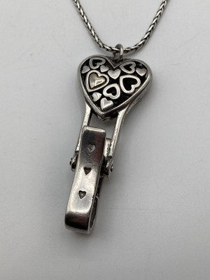 BRIGHTON Floating Heart ID Holder Lanyard Badge Clip Necklace Silverplate