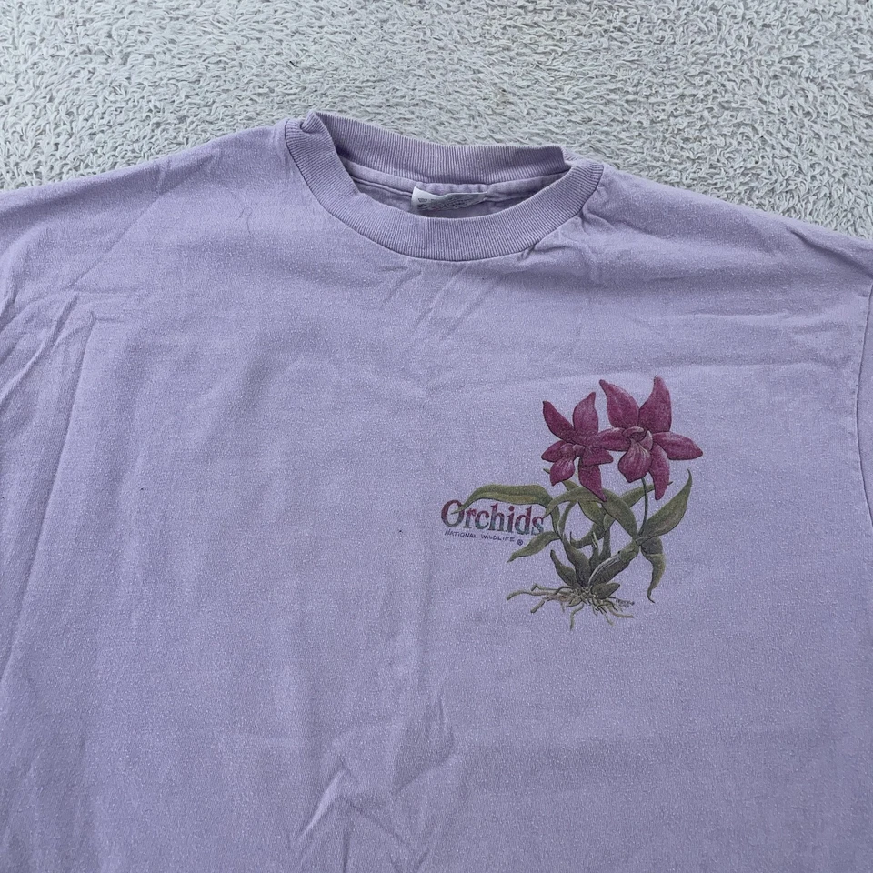 复古兰花衬衫男式中号紫色野生动物花卉自然美国制造 90 年代 T 恤 — 第 3/4 张图片