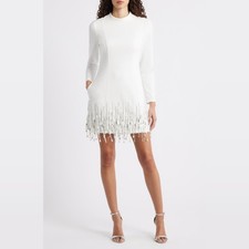 Eliza J Sequin Tassel Long Sleeve Cocktail Dress Ivory Women's Size 2 NWT