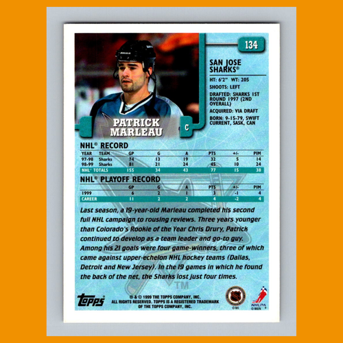 Patrick Marleau #134 1999 Topps San Jose Sharks Hockey Card NHL NM - Picture 2 of 3