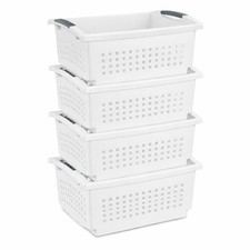 Sterilite Large Stacking Basket, Open Top Storage Bin w/ Handles, 4 Pack, White