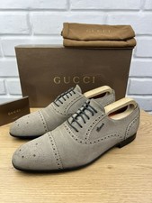 GUCCI Oxfords Suede Shoes Wingtip Lace Up Metal Logo Beige Mens Size UK 9/US 9.5