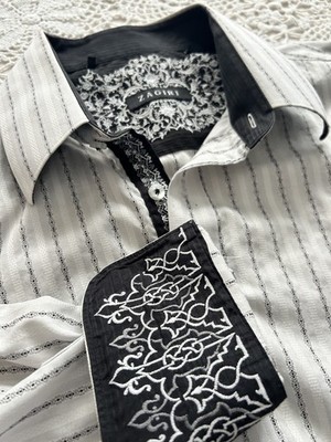 Zagiri White With black Stitch Embroidered Button Down  Flip Cuff - XL