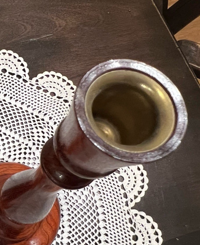 Pair of MCM Hand Turned Wooden / Brass Insert Candlestick Holders 9.75” Tall