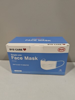 Disposable Single Use Box of 50 Face Masks by BYD Care - Soft, Easy to Breathe 
