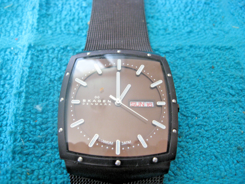 Skagen Denmarc Mens Watch Titanium Mesh 396LTM Slim day/date Arced Crystal