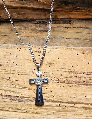 Stainless Steel Cross Necklace with 9mm Bullet. Optional Crystal.