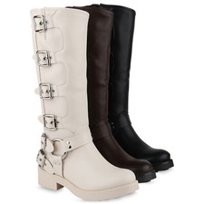 Damen Leicht Gefütterte Bikerstiefel Schnallen Nieten 840848 Schuhe