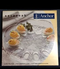 VTG Anchor Hocking 12”W Savannah Clear Floral Deviled Egg Relish Plate~Mint!