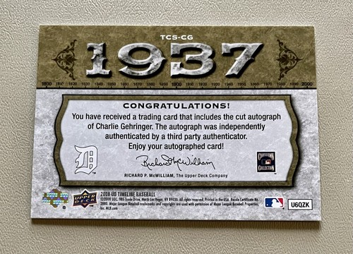 2008 Upper Deck Timelines Charlie Gehringer Cut Auto #TCS-CG HOF 31/36 READ! - Picture 2 of 2