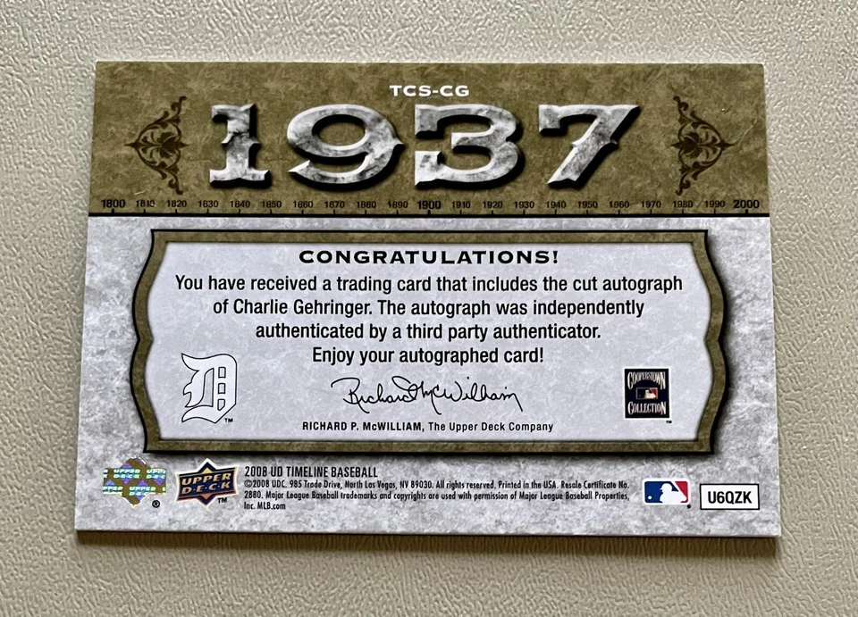 Timelines Charlie Gehringer 2008 Upper Deck corte automático #TCS-CG HOF 31/36 ¡LEER! Foto 2 de 2