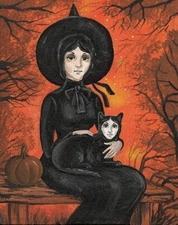8x10 print of painting Ryta Halloween witch portrait black cat Antique Style Art
