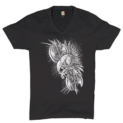 Winged Skull V-Neck T-shirt Viking Warrior Skeleton Labrys Axe Gothic Tee