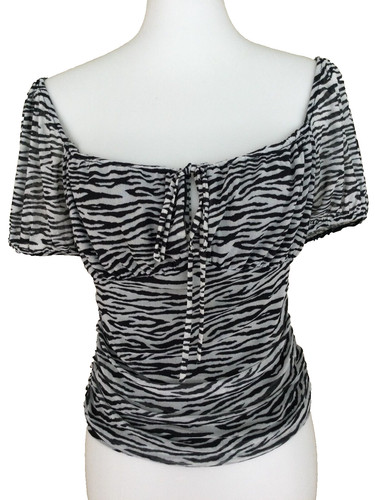 Milkmaid Crop Top Zebra Print Puff Sleeve Ruched Mesh Womens Large Festival NWT