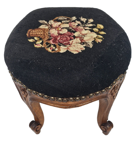 Antique 1930s French Louis XV Footstool – Carved Wood Cabriole Legs Needlepoint - Picture 12 of 19